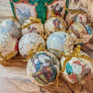 1997, Collection of 10-Variety of Old World Santa Decoupage Ball Ornaments w Box